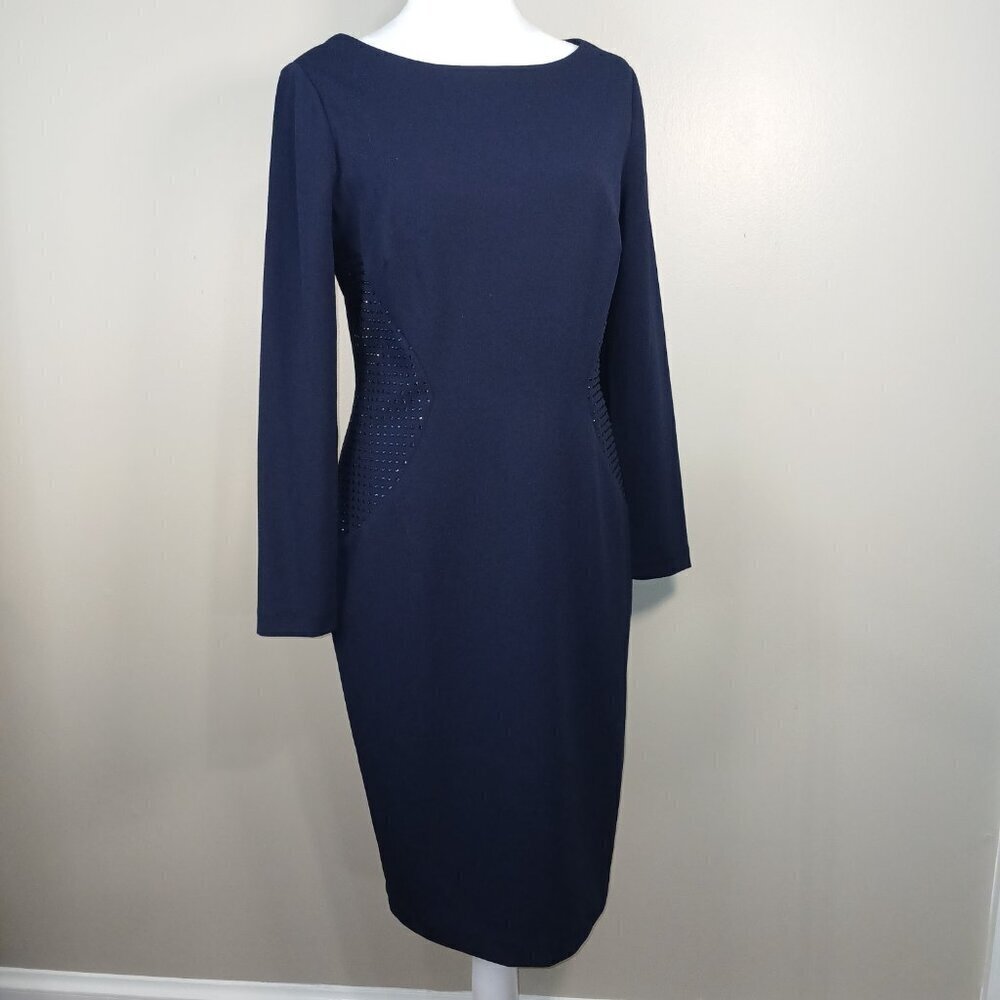 JESSICA HOWARD NAVY BLUE FITTED DRESS BEADED ACCENTS PARTY SEMI FORMAL SZ 10
